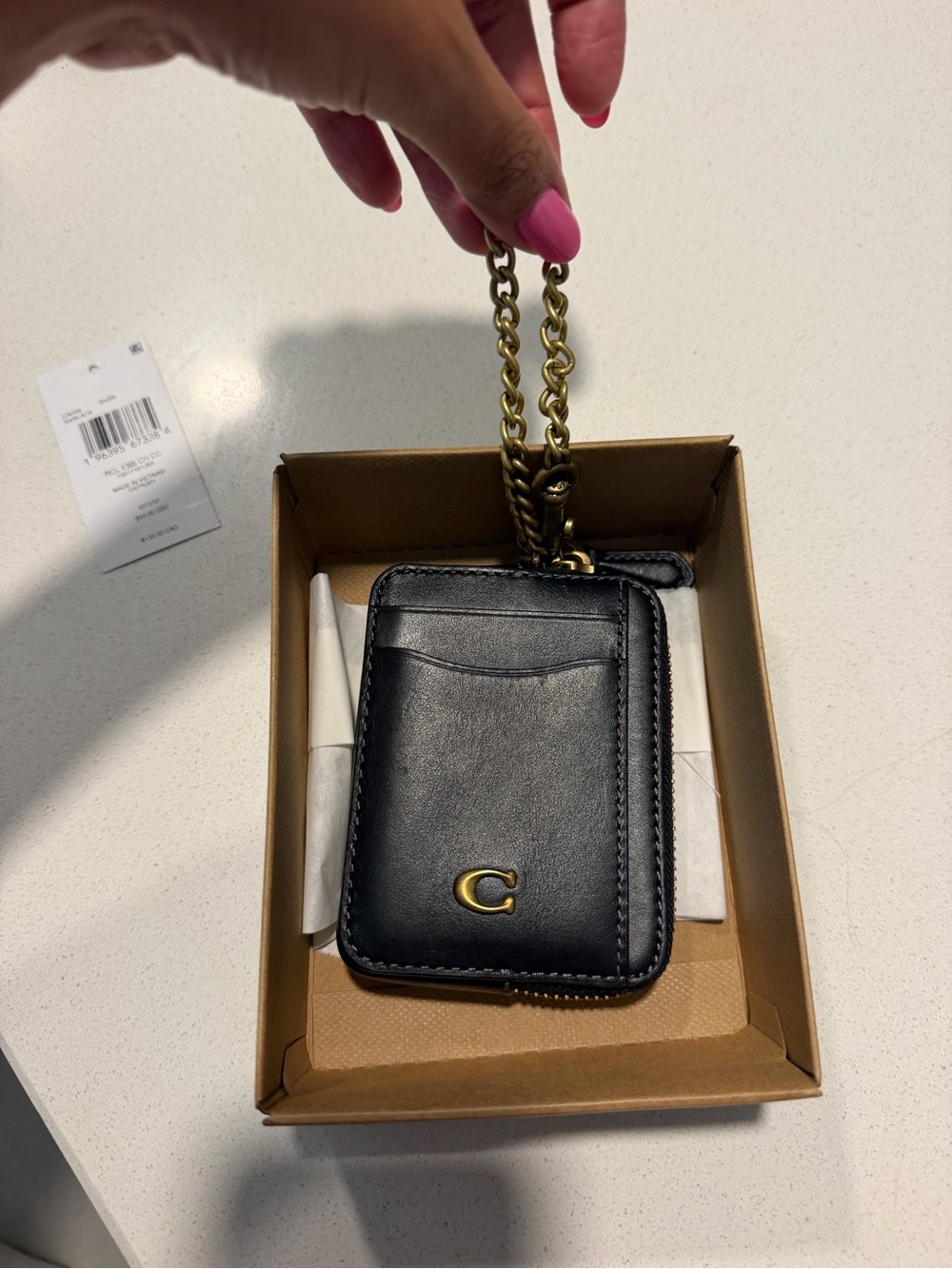 Coach Black Leather Card Holder with Gold Chain